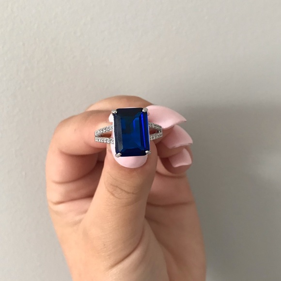 Sapphire & Cubic Zirconia Emerald-Cut Ring - Picture 2 of 5